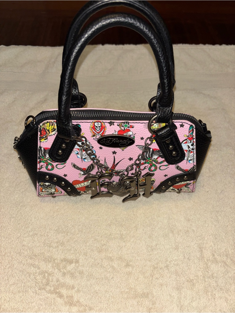 Ed Hardy Pink Tattoo Mini Satchel with Black Trim